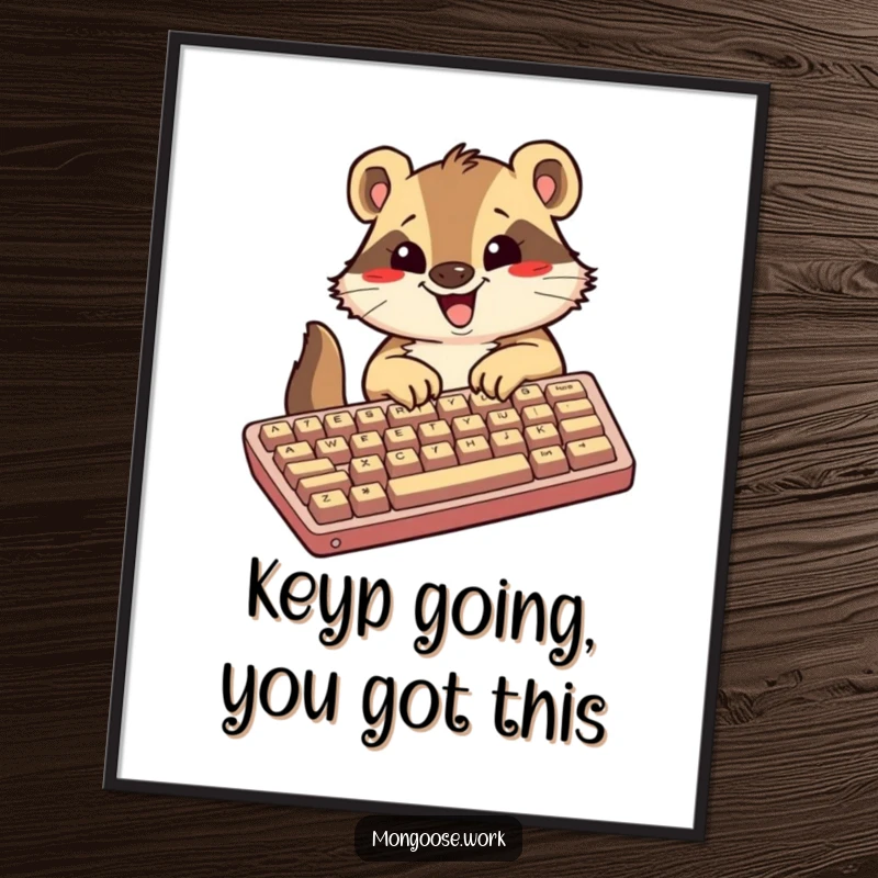 Funny Free Printable Wall Art: A happy Kawaii mongoose character excitedly typing on a ridiculously oversized keyboard with glee.