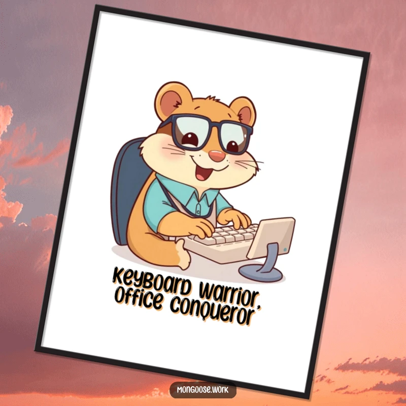 Funny Free Printable Wall Art: Giddy mongoose office worker typing furiously on a tiny keyboard, a humorous desk scene