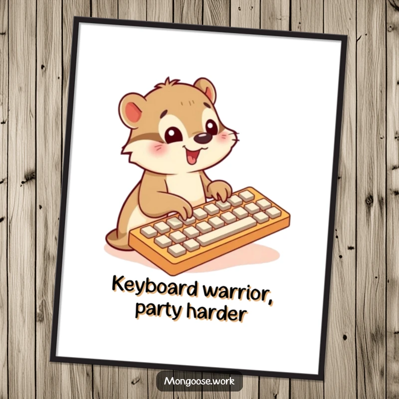 Funny Free Printable Wall Art: A cute mongoose intensely typing on a comically large keyboard, capturing peak productivity.