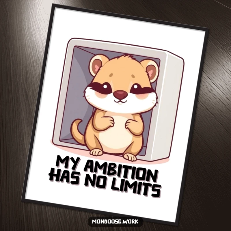 Funny Free Printable Wall Art: Determined Kawaii mongoose trying to fit into a tiny cubicle, office humor.
