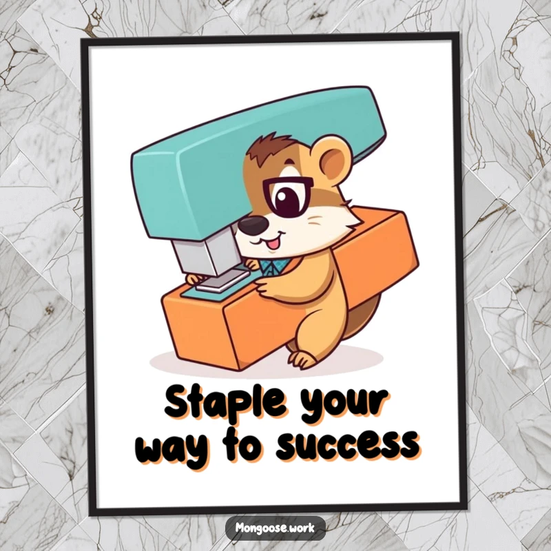 Funny Free Printable Wall Art: Playful mongoose office worker peeking out from behind a giant stapler, a humorous office scene