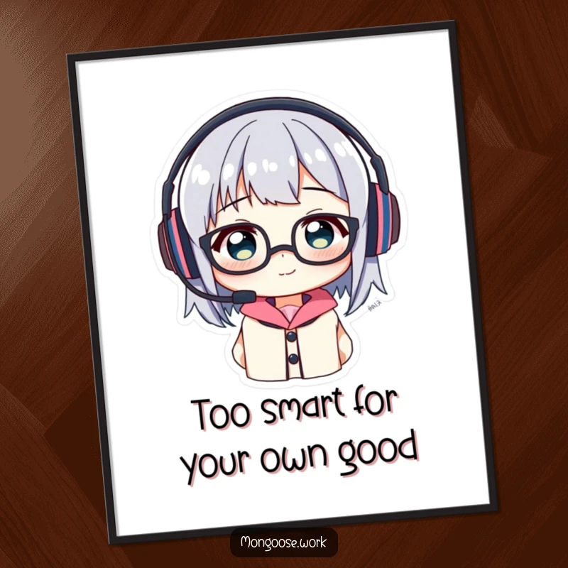 Funny Free Printable Wall Art: Character comically wearing a headset and glasses together, showcasing a relatable technology challenge.