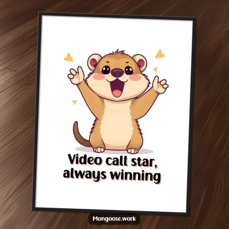 Funny Free Printable Wall Art of a cute mongoose enthusiastically cheering during a video call, bringing quirky charm to your home.
