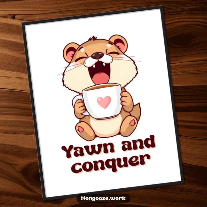 Funny Free Printable Wall Art: Mongoose yawning with a coffee mug, sleepily appreciating art. A humorous downloadable art piece.
