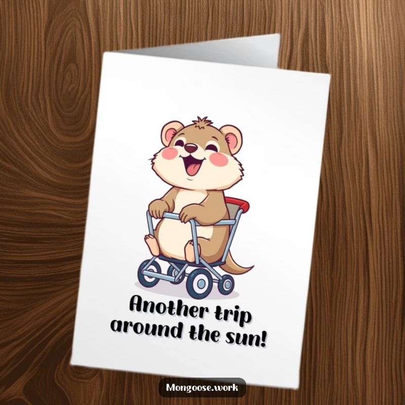 Funny Free Printable Birthday Card: Joyful mongoose happily being pulled fast in a rolling chair, a humorous downloadable greeting card.