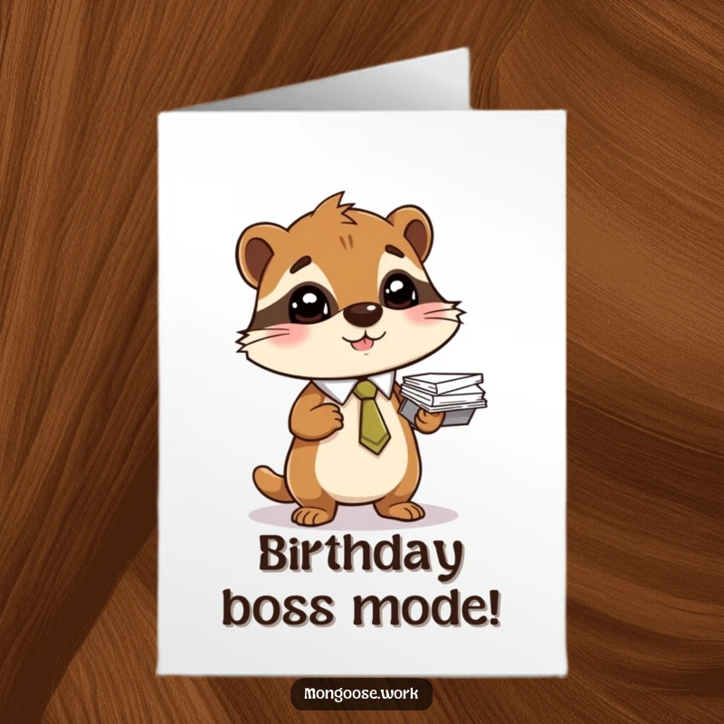 Funny Free Printable Mongoose Birthday Card, mongoose in tie balancing stack of papers, office humor.