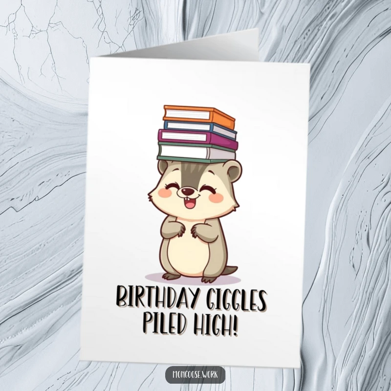 Funny Free Printable Birthday Card: Giggling Kawaii mongoose impressively balancing a tall stack of files on its head.