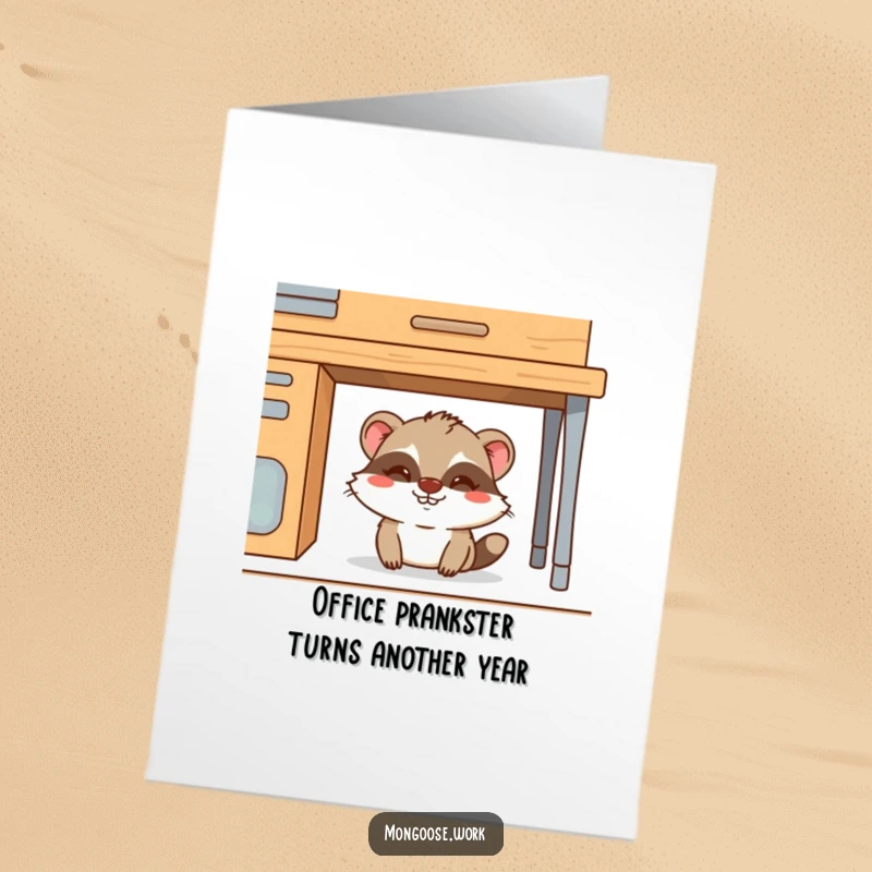 Funny Free Printable Birthday Card featuring a cute mongoose hiding under a desk, sporting a very mischievous grin.