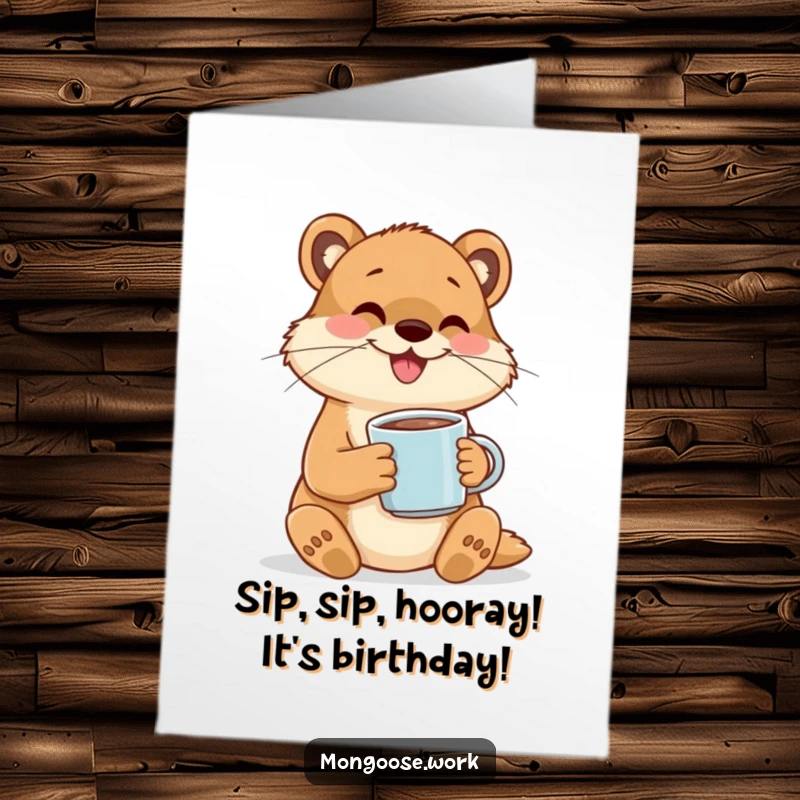 Funny Free Printable Birthday Card: Happy mongoose character cheerfully sipping coffee from an adorably tiny mug, looking content.