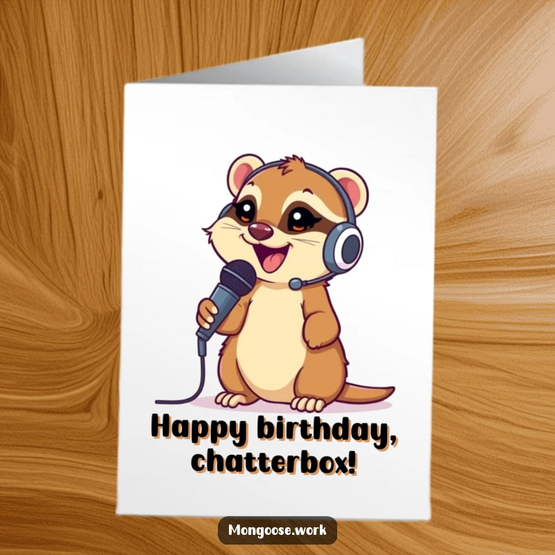 Funny Free Printable Birthday Card: Mongoose wearing a headset, happily talking into a microphone, ready to celebrate your birthday.