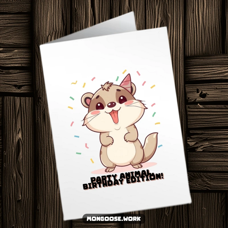 Funny Free Printable Birthday Card: A cute mongoose celebrates a promotion amidst falling confetti, looking ecstatic.