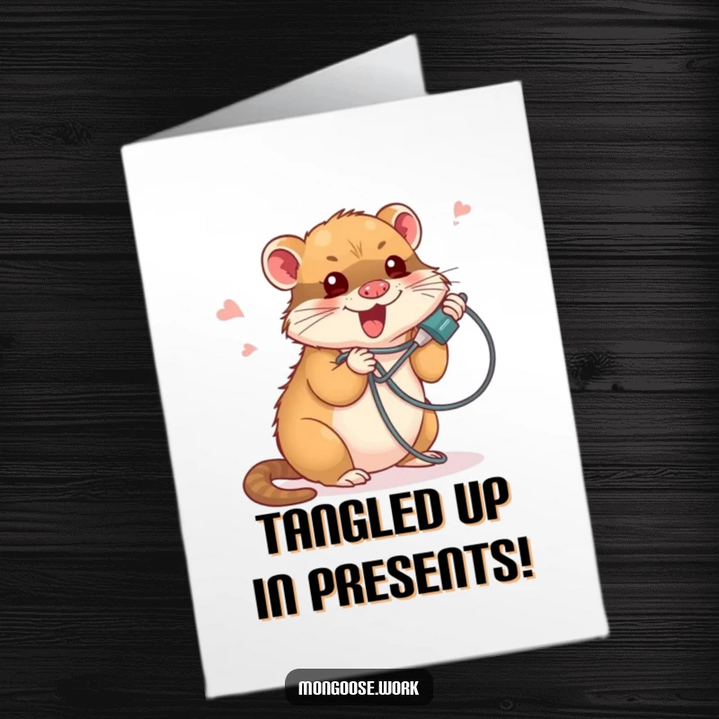 Funny Free Printable Birthday Card: Cute mongoose comically tangled in a retro phone cord, expressing playful frustration, perfect for birthday wishes.