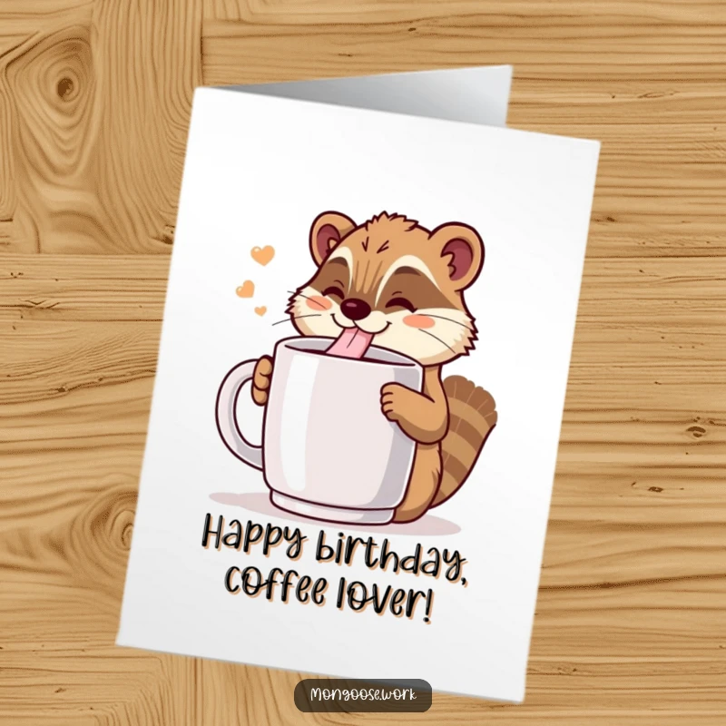 Funny Free Printable Birthday Card: Cheerful Kawaii mongoose happily drinking from a giant coffee mug, caffeine boost.