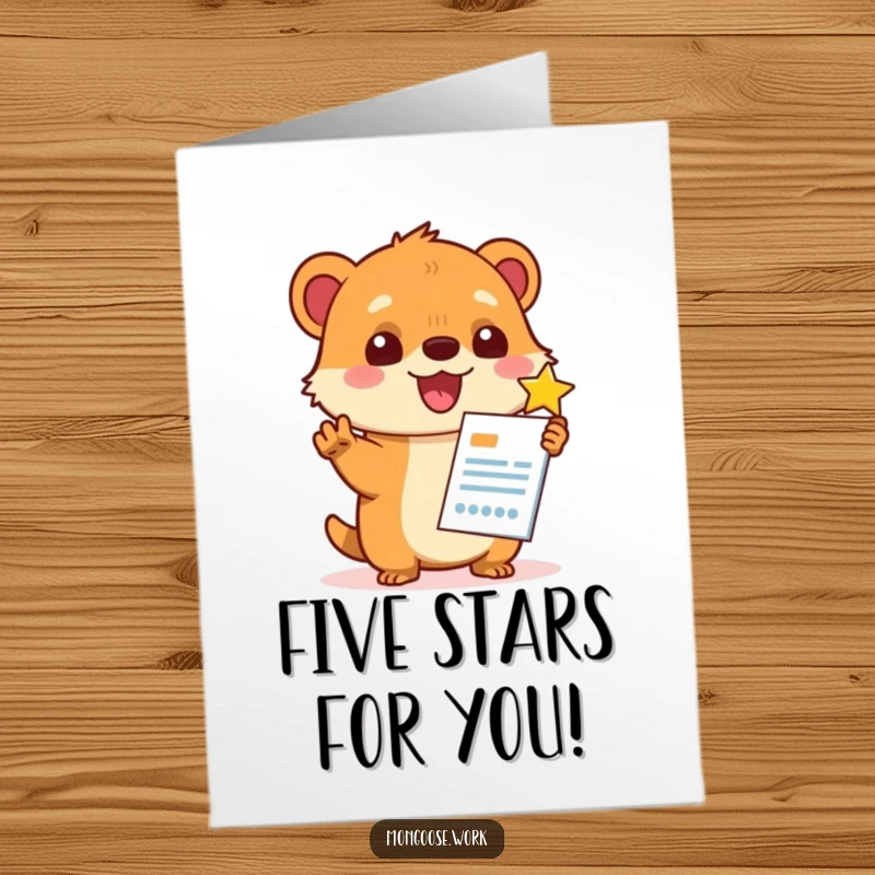 Funny Free Printable Birthday Card: Delighted Kawaii mongoose giving a report five stars, perfect for praise.
