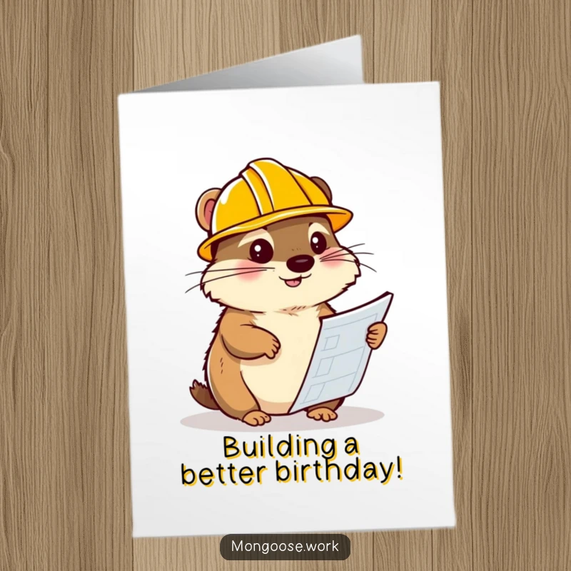 Funny Free Printable Birthday Card: A small mongoose wearing a tiny hard hat, intently studying complex blueprints for a project.