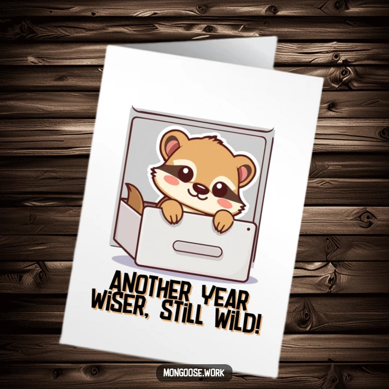 Funny Free Printable Birthday Card: Playful mongoose peeking from a filing cabinet drawer, ready for birthday fun.