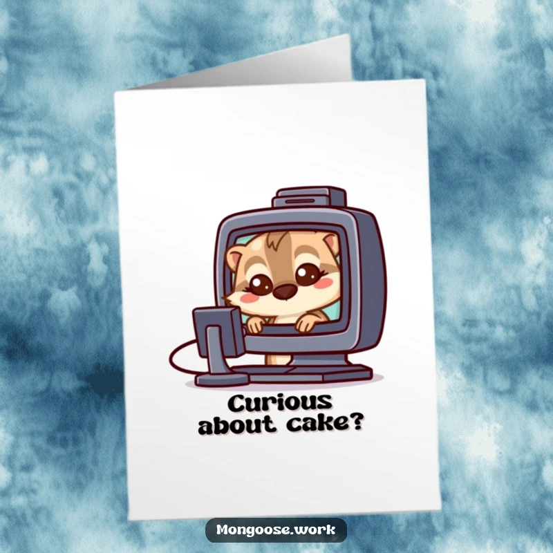 Funny Free Printable Happy Birthday card: a curious mongoose with wide eyes peers at a computer screen, full of wonder.