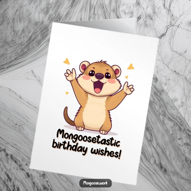 Funny Free Printable Birthday Card featuring a cheerful mongoose enthusiastically participating in a video call, ready to send birthday cheer.