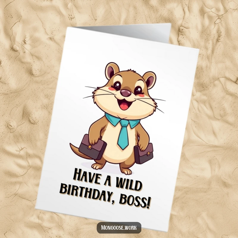 Funny Free Printable Birthday Card: A cheerful mongoose in a tiny tie happily clutches a briefcase, ready for birthday business.