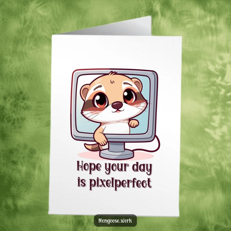 Funny free printable birthday card: A mongoose curiously peering into a computer monitor with wide, fascinated eyes.