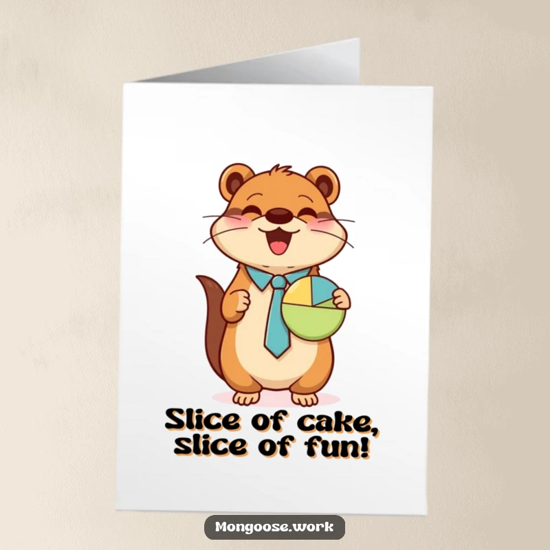 Funny Free Printable Birthday Card: A kawaii mongoose in a tie joyfully presents a pie chart, celebrating with data.
