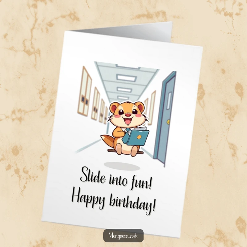Funny Free Printable Birthday Card: Happy mongoose office worker sliding down a hallway on a file folder.
