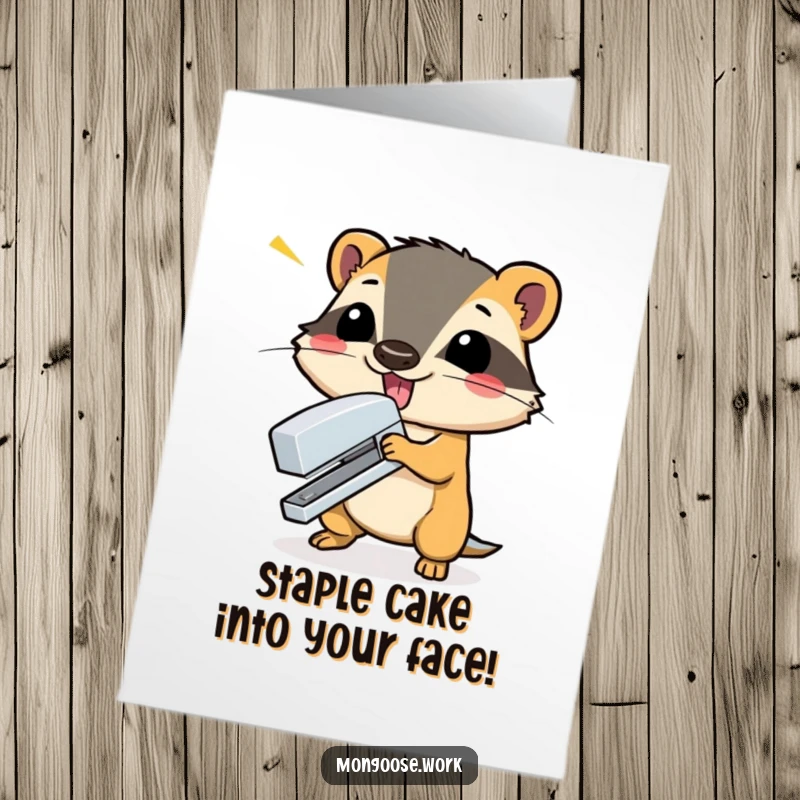 Funny Free Printable Mongoose Birthday Card: A mongoose dramatically slams a stapler shut, perfect for office humor.