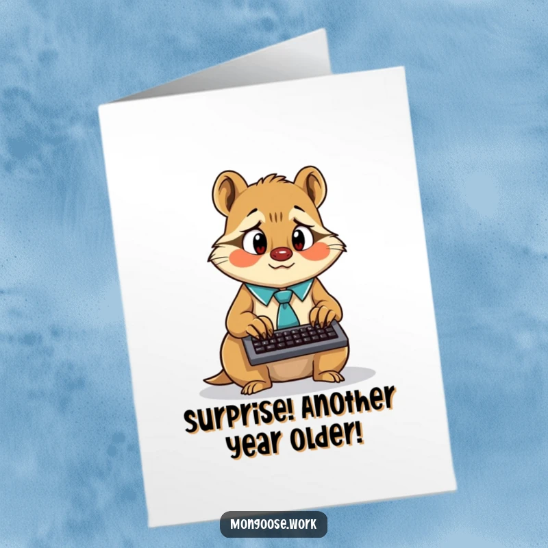 Funny Free Printable Birthday Card: Surprised mongoose in a tie frantically typing on a tiny keyboard, celebrating wildly.
