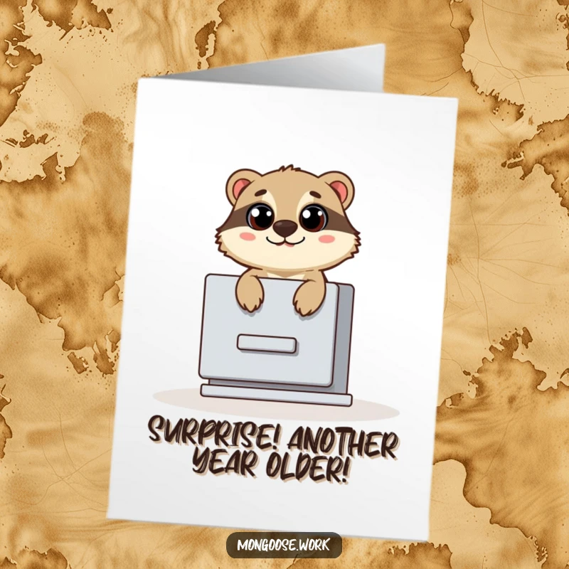 Funny Free Printable Birthday Card: Mongoose popping out of a filing cabinet with wide, surprised eyes.