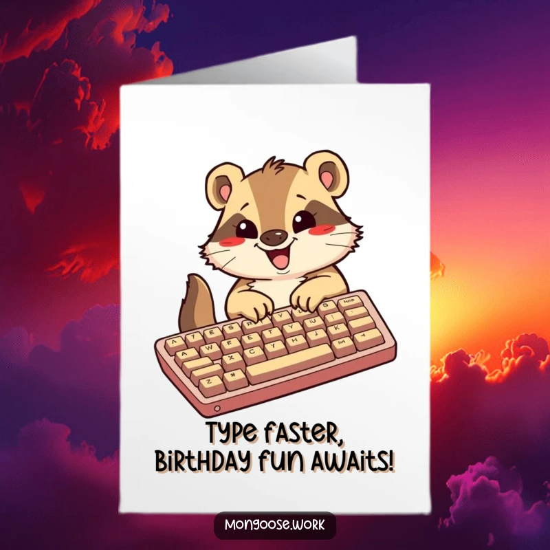 Funny Free Printable Birthday Card: Happy Kawaii mongoose typing enthusiastically on a comically large keyboard.