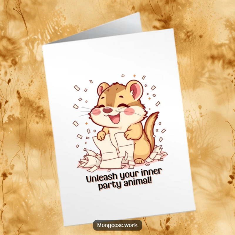 Funny free printable birthday card showcasing a delighted mongoose comically shredding a stack of papers with pure, unadulterated joy.