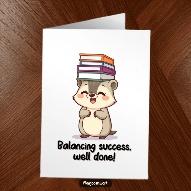 Funny Free Printable Congrats Card: Joyful Kawaii mongoose stably balancing a precarious stack of documents on its head.