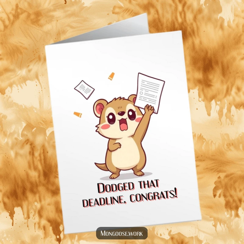 Funny Free Printable Congrats Card: Startled Kawaii mongoose skillfully dodging a projectile document, a close call.