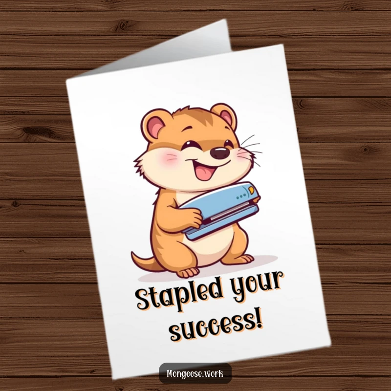 Funny Free Printable Congrats Card: Mongoose with a wide grin using a stapler with great energy, celebrating achievements.