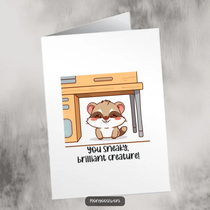 Funny Free Printable Congratulations Card: A cute mongoose peeks out from under a desk with a sly, mischievous grin.