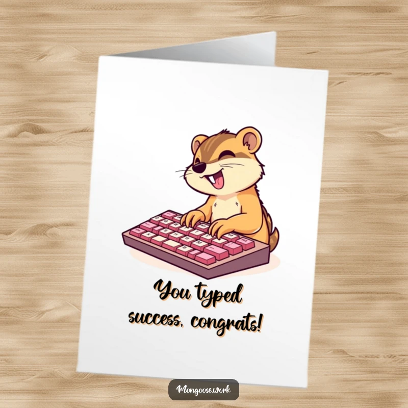 Funny Free Printable Congrats Card: Adorable mongoose character rapidly typing on an extra-large keyboard, celebrating a win.