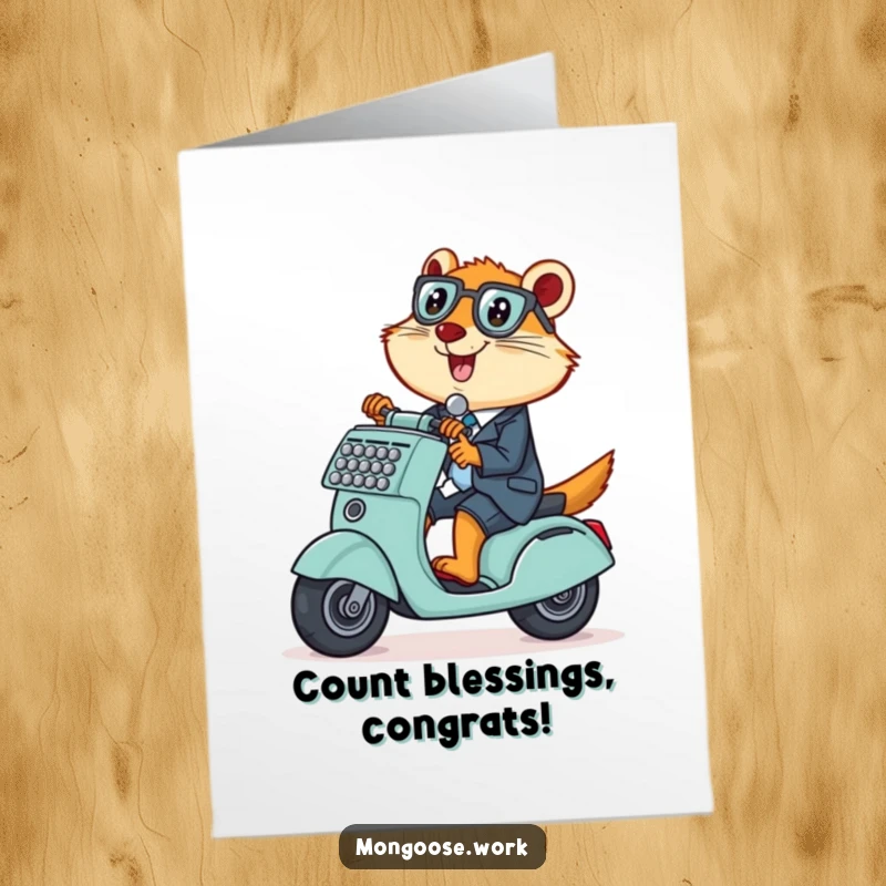 Free Printable Congratulations Card: Mischievous mongoose office worker using an adding machine as a scooter.