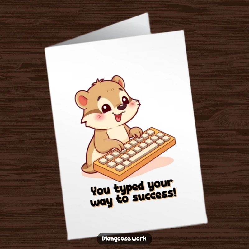 Funny Free Printable Congratulations Card: A mongoose heroically types on a massive keyboard, celebrating a significant achievement.