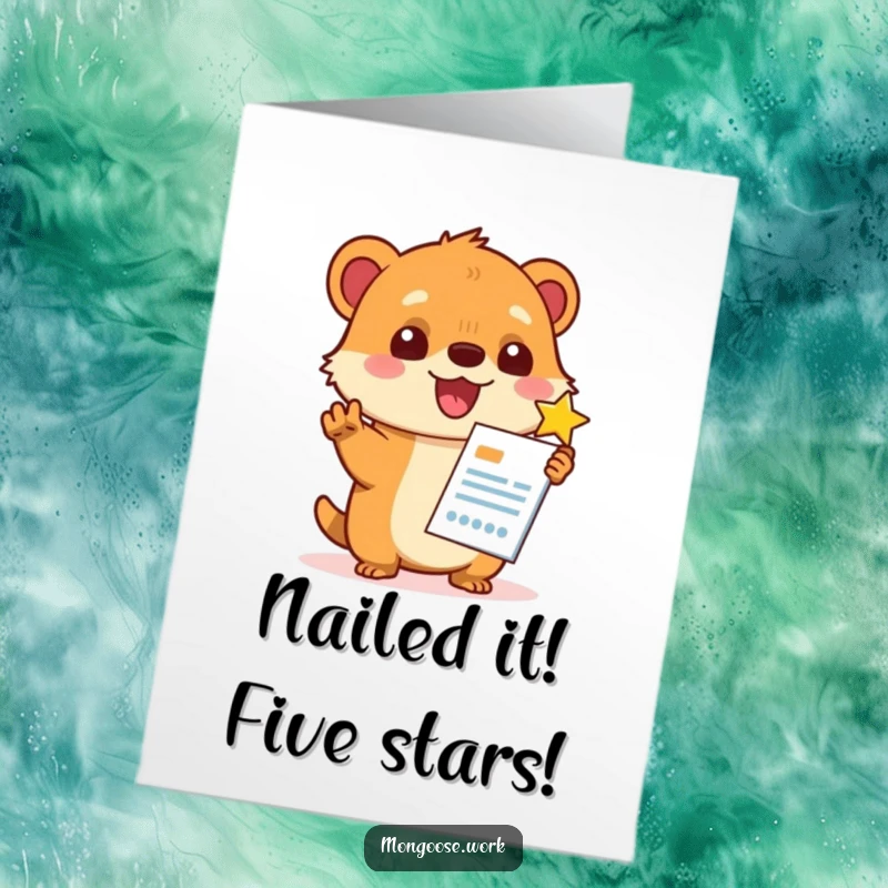Free Printable Congratulations Card: Delighted Kawaii mongoose awarding five stars to a report, a funny gift.
