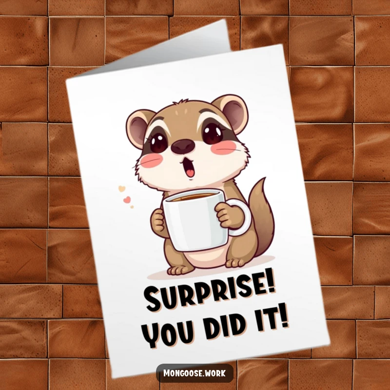 Funny Free Printable Congrats Card: Mongoose with wide eyes holding a coffee mug, expressing shock and surprise over good news.