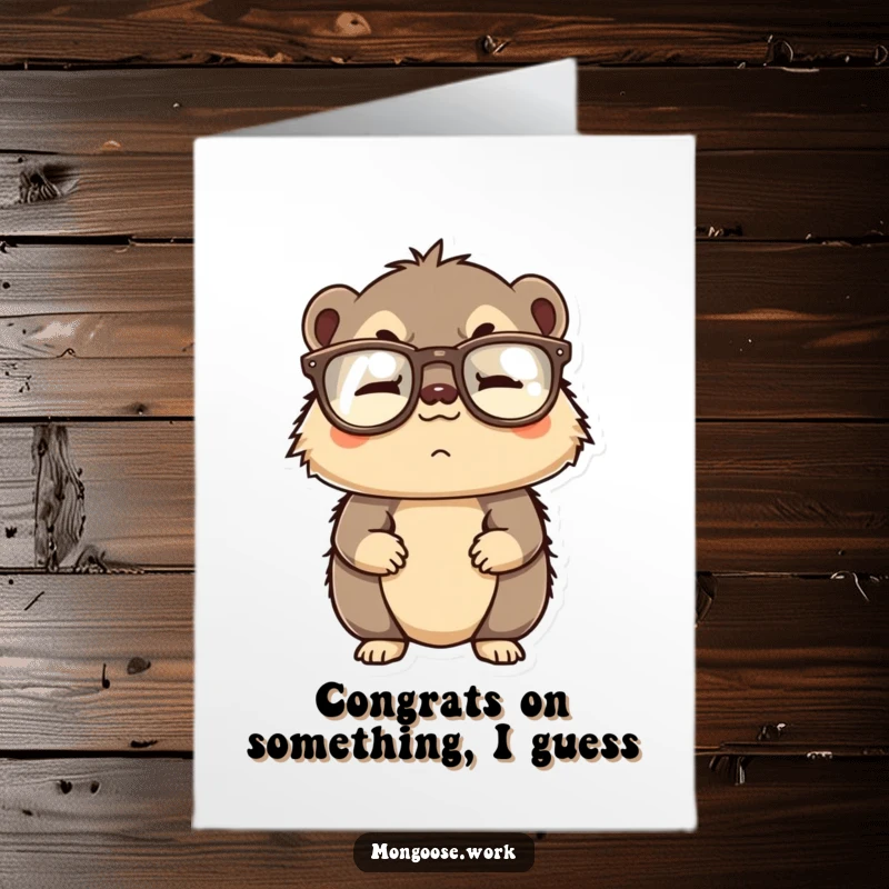 Funny Free Printable Congratulations Card: Confused mongoose with backward glasses, a quirky downloadable greeting for celebrating achievements.