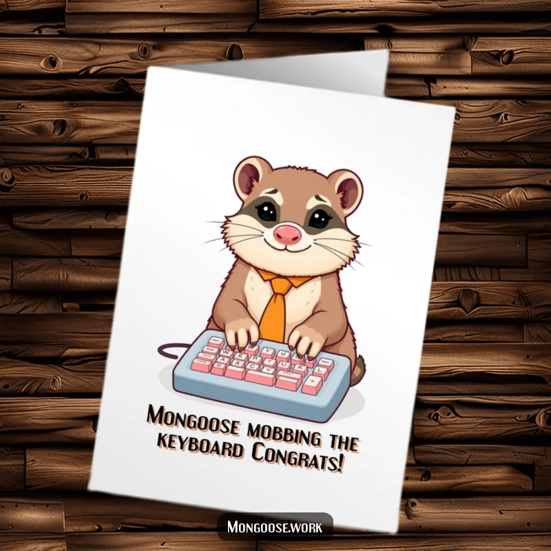 Funny Free Printable Congratulations Card: Mongoose in a tie typing furiously on a tiny keyboard, celebrating success.