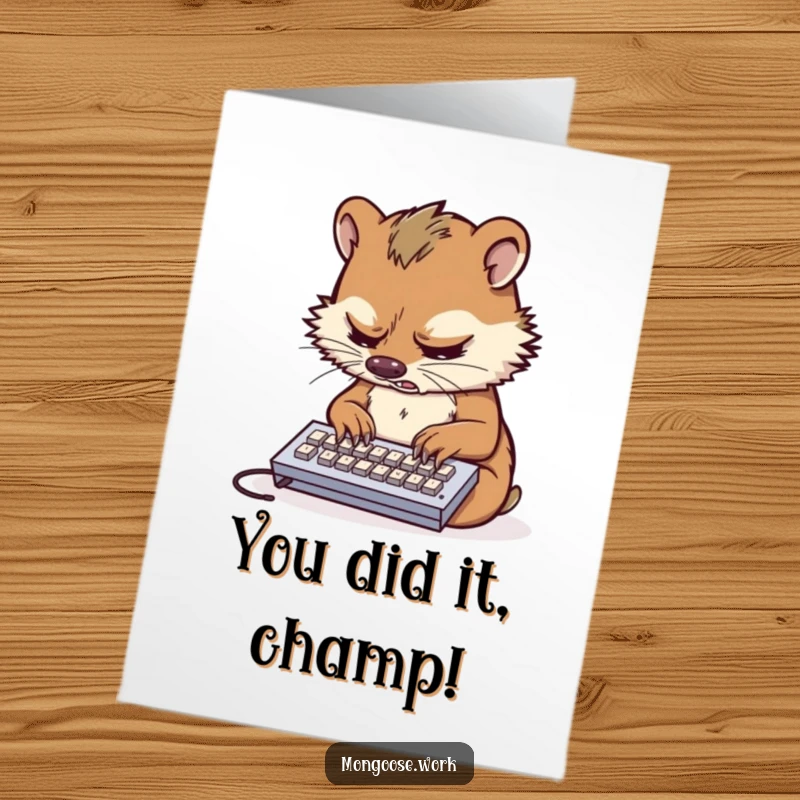 Funny Free Printable Mongoose Congratulations Card, stressed mongoose typing furiously, celebrating success humorously.