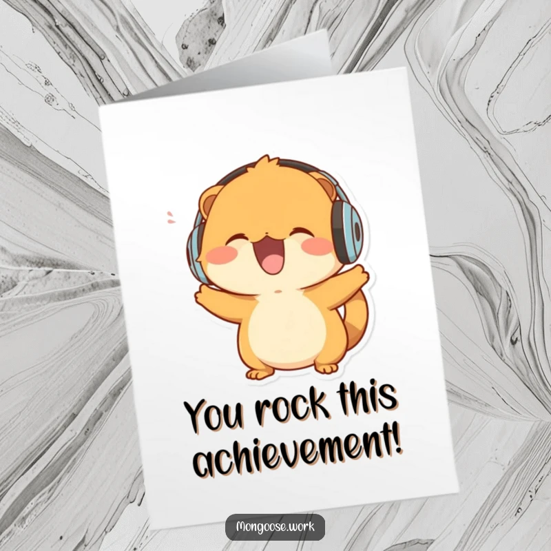 Funny Free Printable Congratulations Card: Mongoose wearing headphones, enthusiastically bobbing its head to celebrate success.