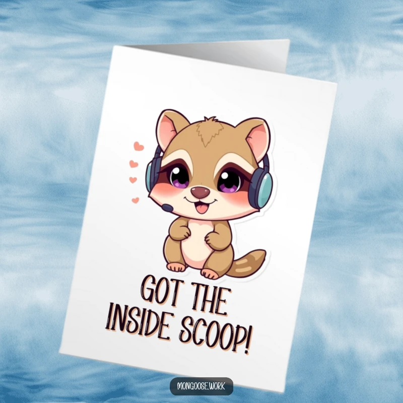 Funny Free Printable Congratulations card: a mongoose in a headset whispers secrets, perfect for sharing exciting news.