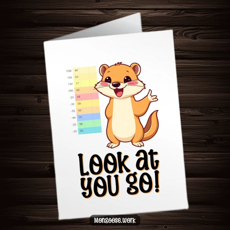 Funny Free Printable Mongoose Congrats Card: A mongoose eagerly points to a bright chart, celebrating success, unique gift.