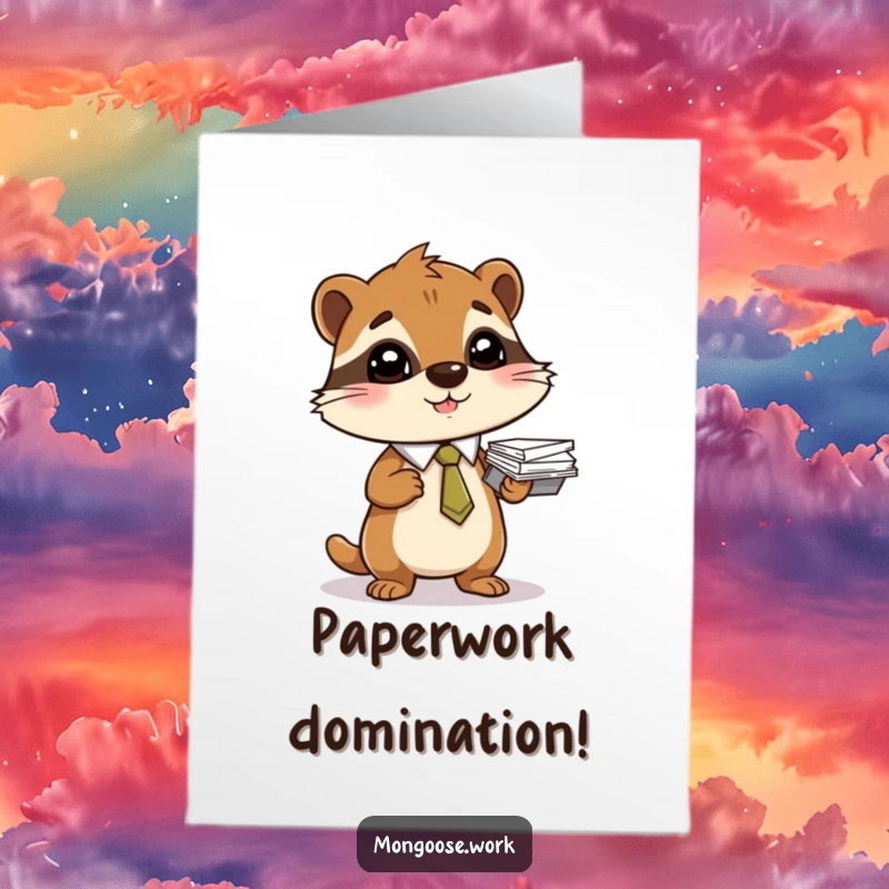 Funny Free Printable Mongoose Congratulations Card, mongoose in tie balancing papers, celebrating success humorously.