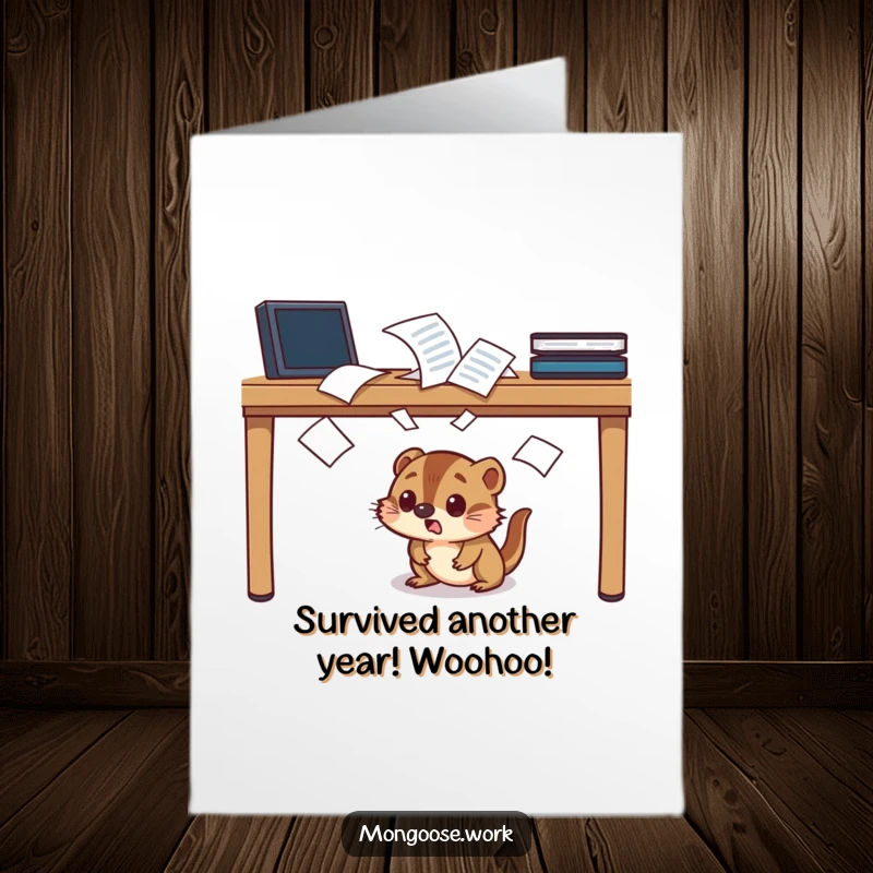 Funny Free Printable Congratulations Card: Mongoose character comically ducking under a desk during a paper blizzard.