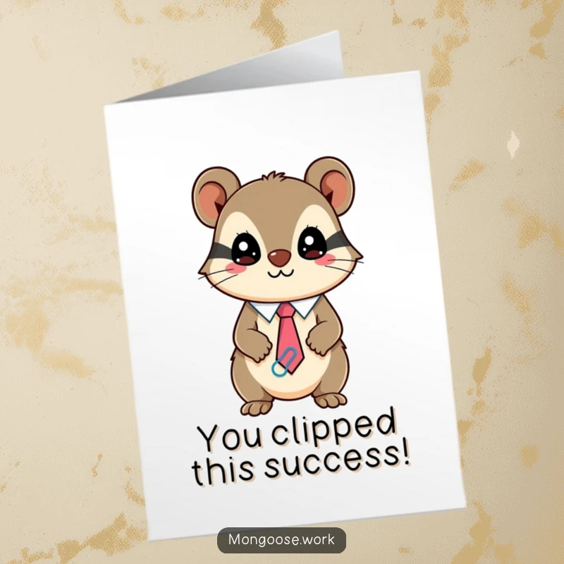 Funny Free Printable Congratulations Card: Kawaii Mongoose sporting a paperclip tie, a humorous downloadable for any success.