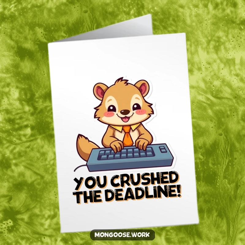 Funny Free Printable Congrats Card: Mongoose in a tie, typing on a keyboard, celebrating professional achievements with humor.